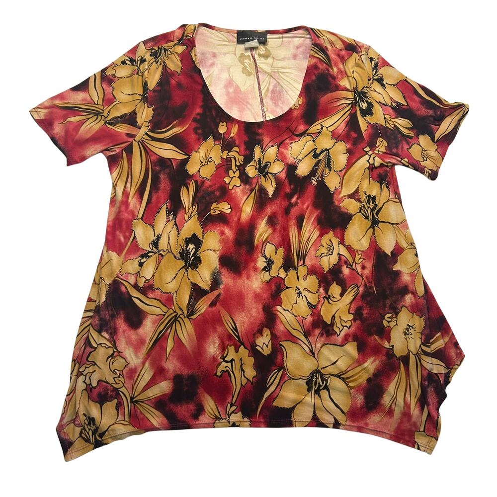 Lauren M. Large Vintage Y2K Made in Hawaii Glitter Floral Hanky Hem Blouse Top